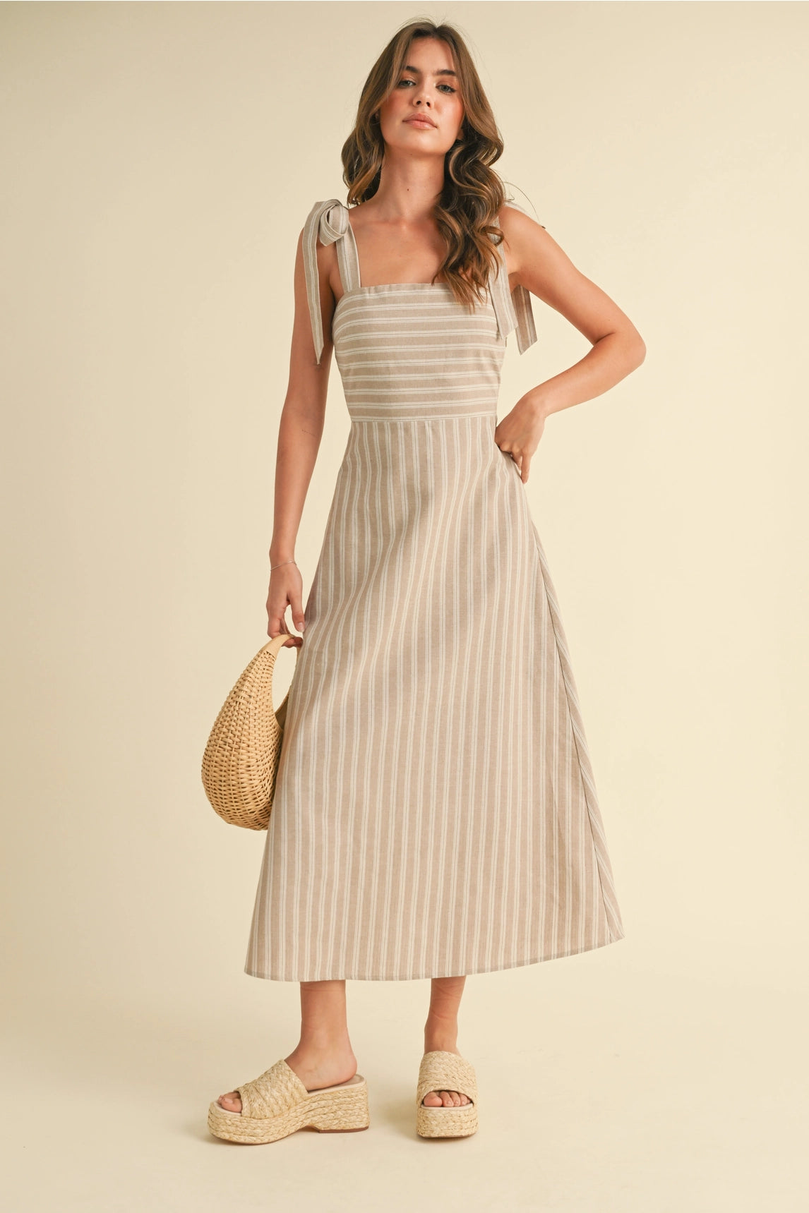 Ava Striped Midi Dress - Beige