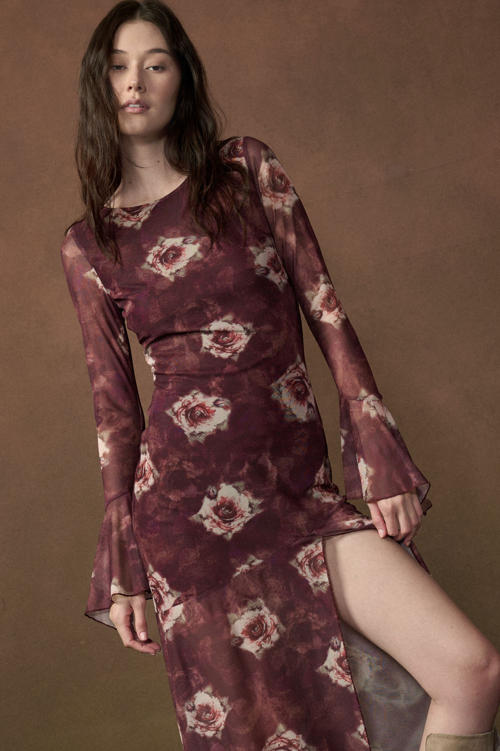 Floral Mesh Maxi Dress - Mulberry