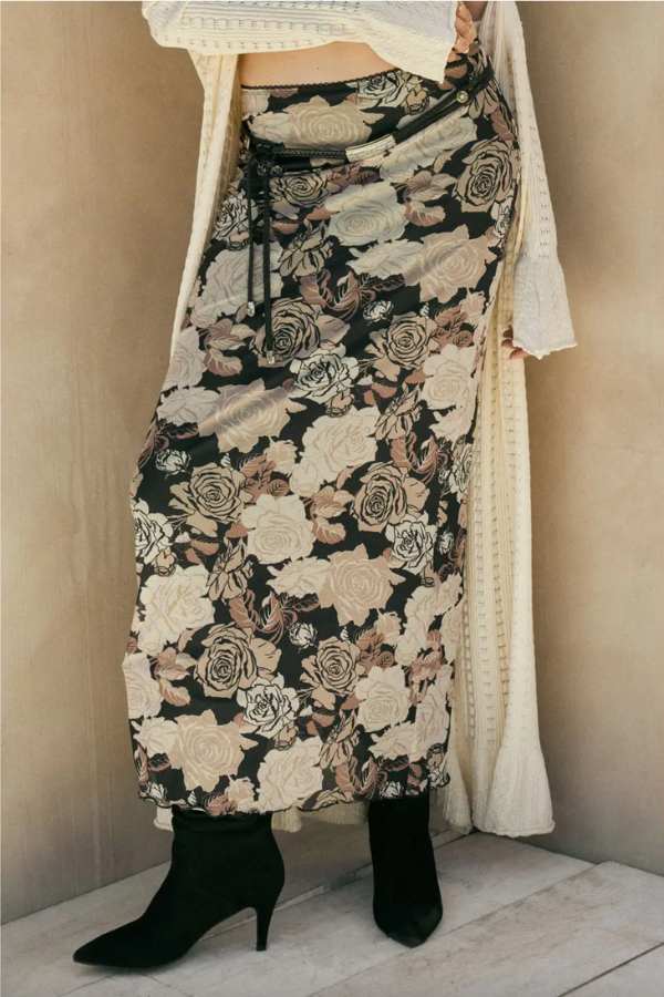 Mesh Fall Floral Print Maxi Skirt