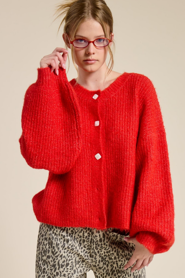 Balloon Sleeve Knit Cardigan - Scarlet