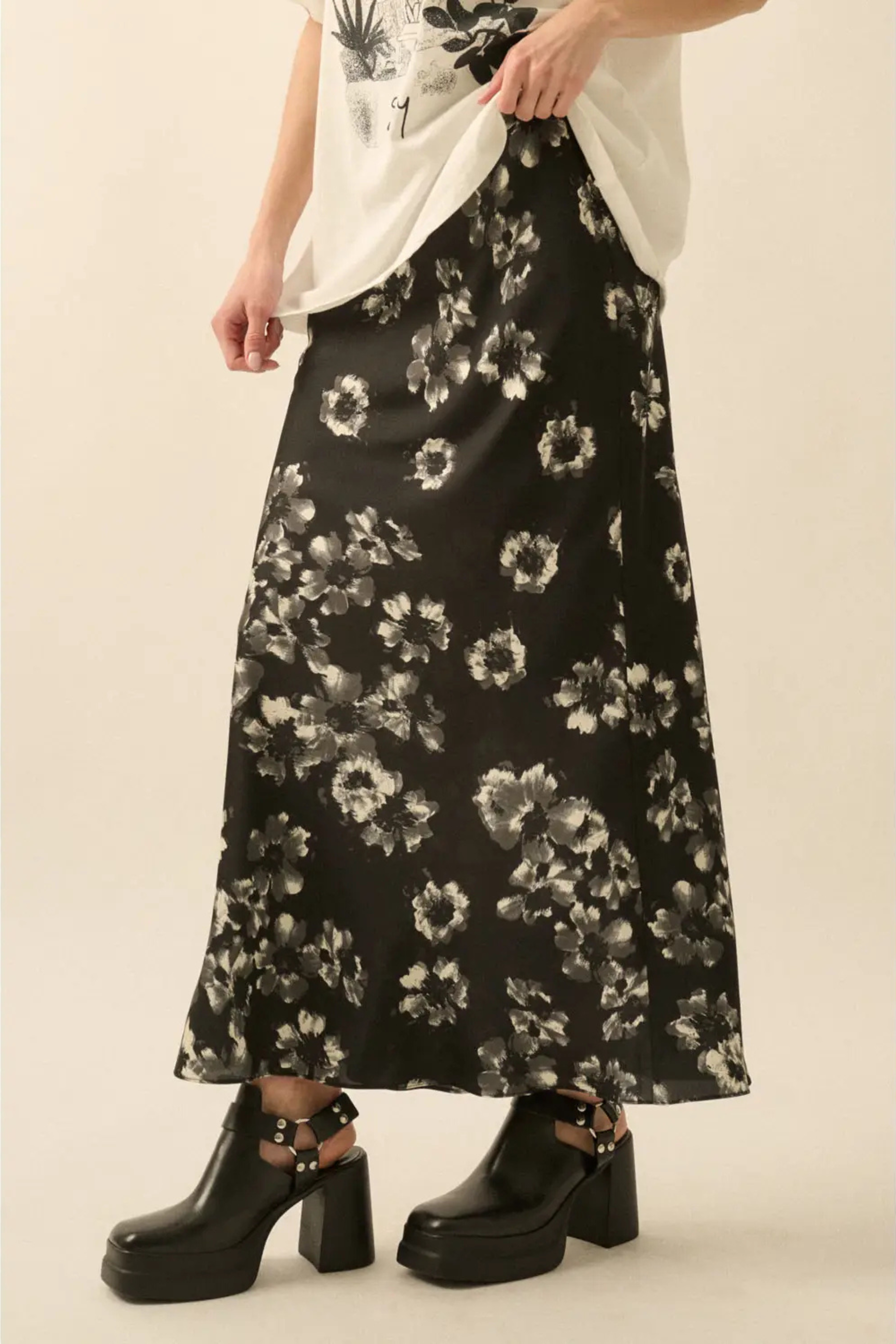 Black Floral Print Maxi Skirt