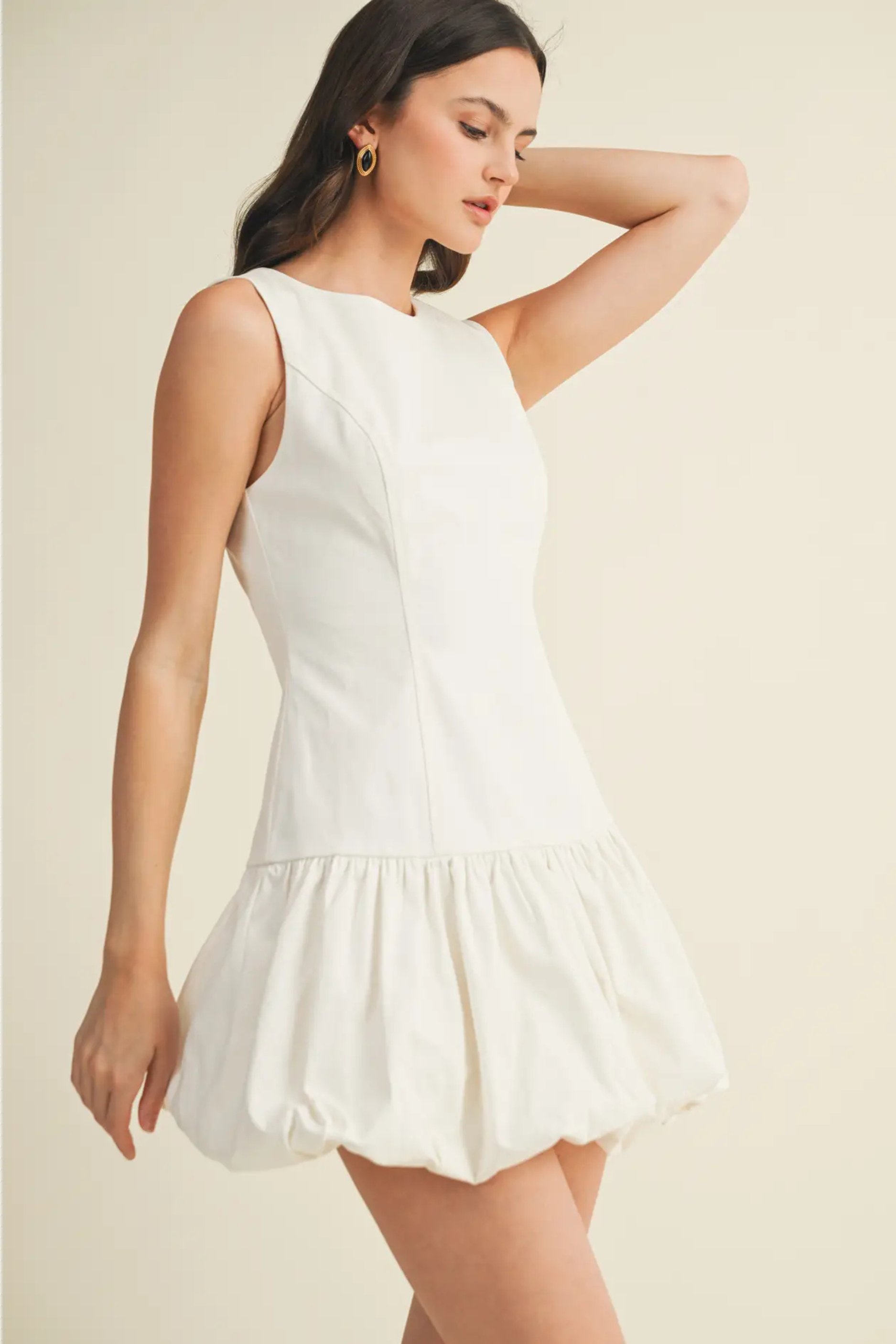 Balloon Hem Mini Dress - White