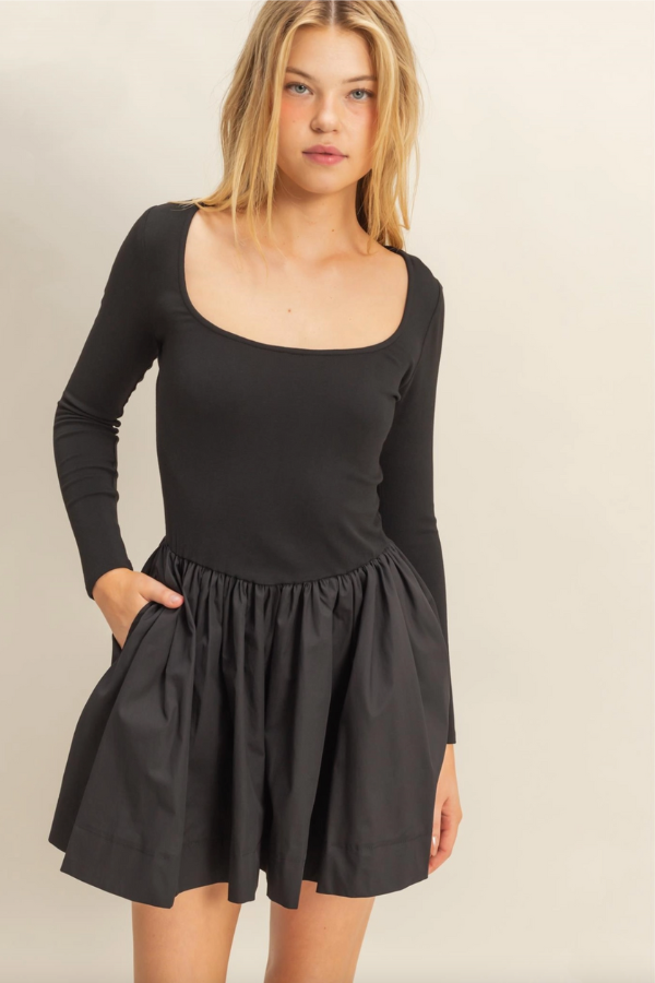 Mixed Media Scoop Neck Mini Dress - Black