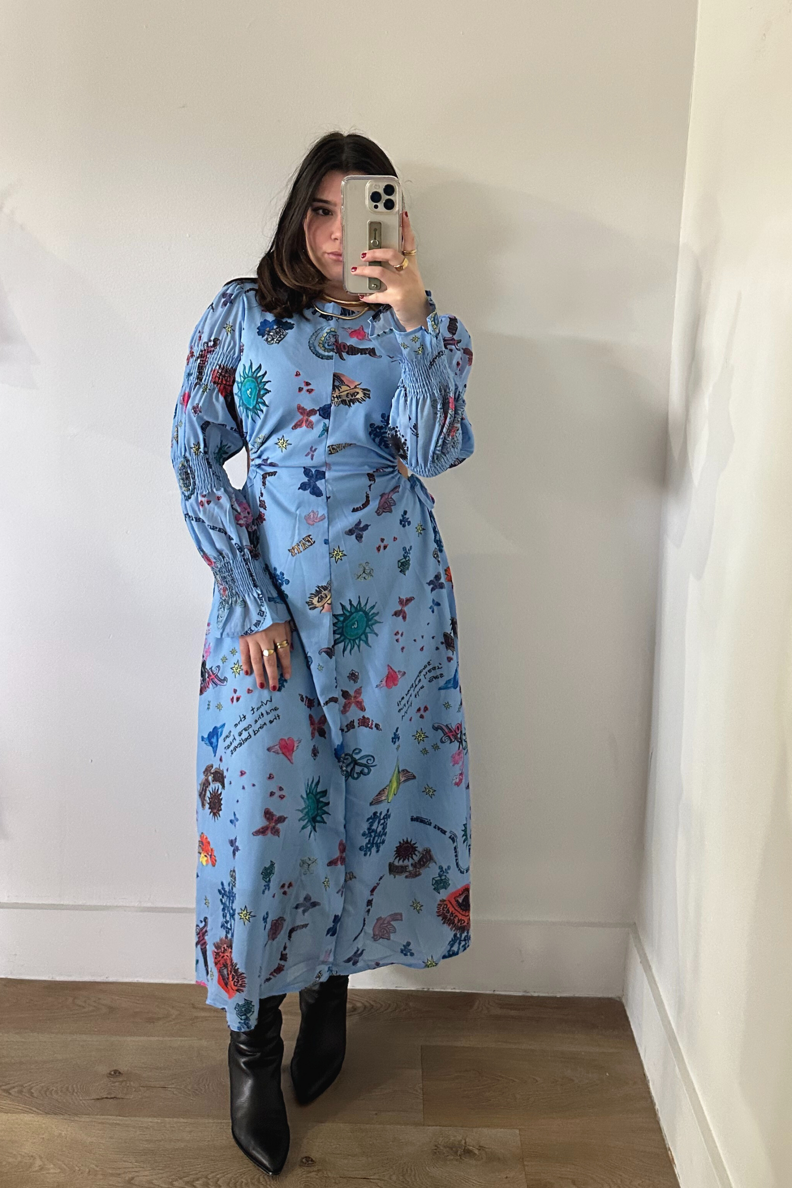 Graffiti Balloon Sleeve Maxi Dress