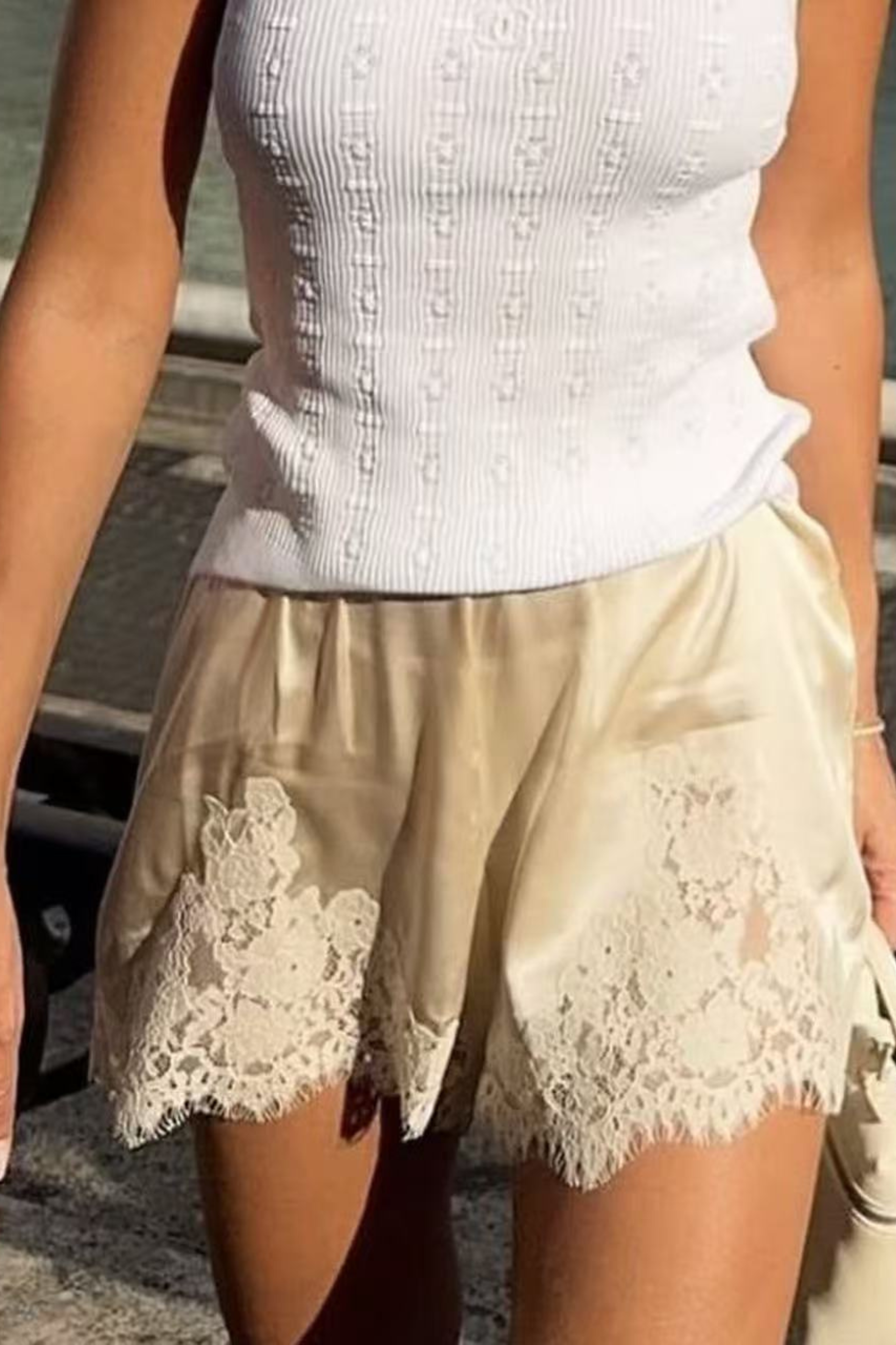 Satin Lace Shorts - Sand