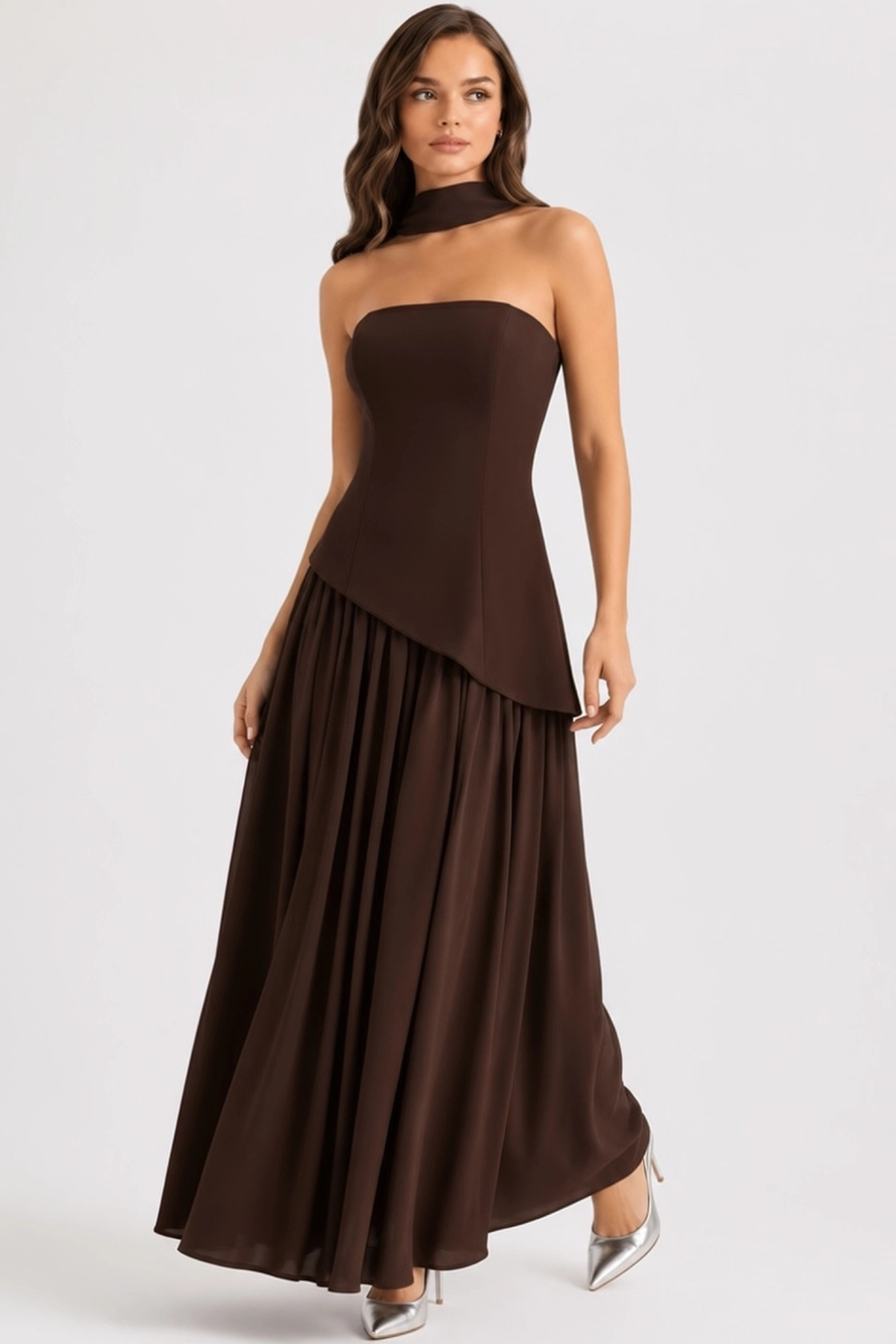 Strapless Lace Up Maxi Dress - Brown