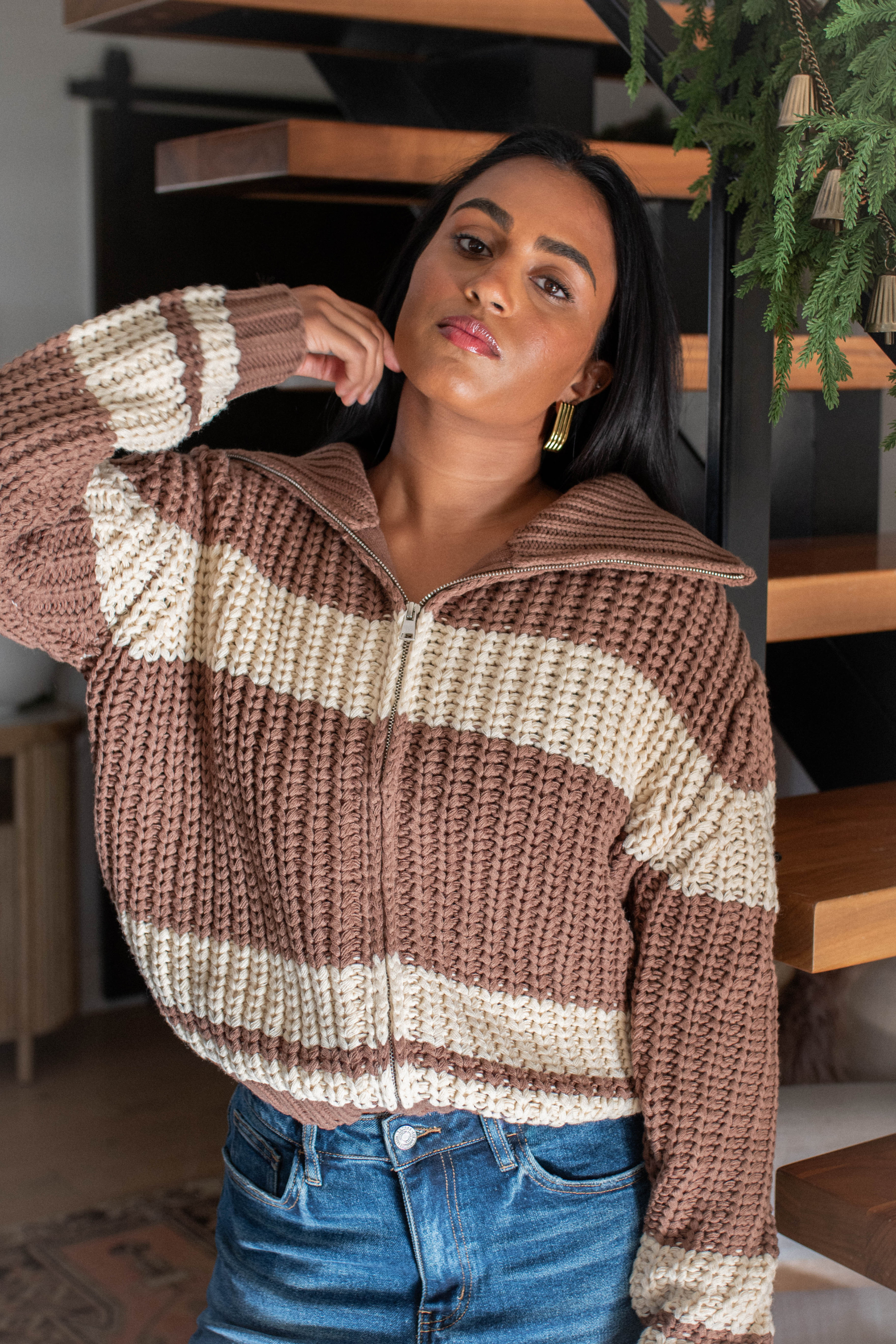 Striped Sweater Jacket - Brown