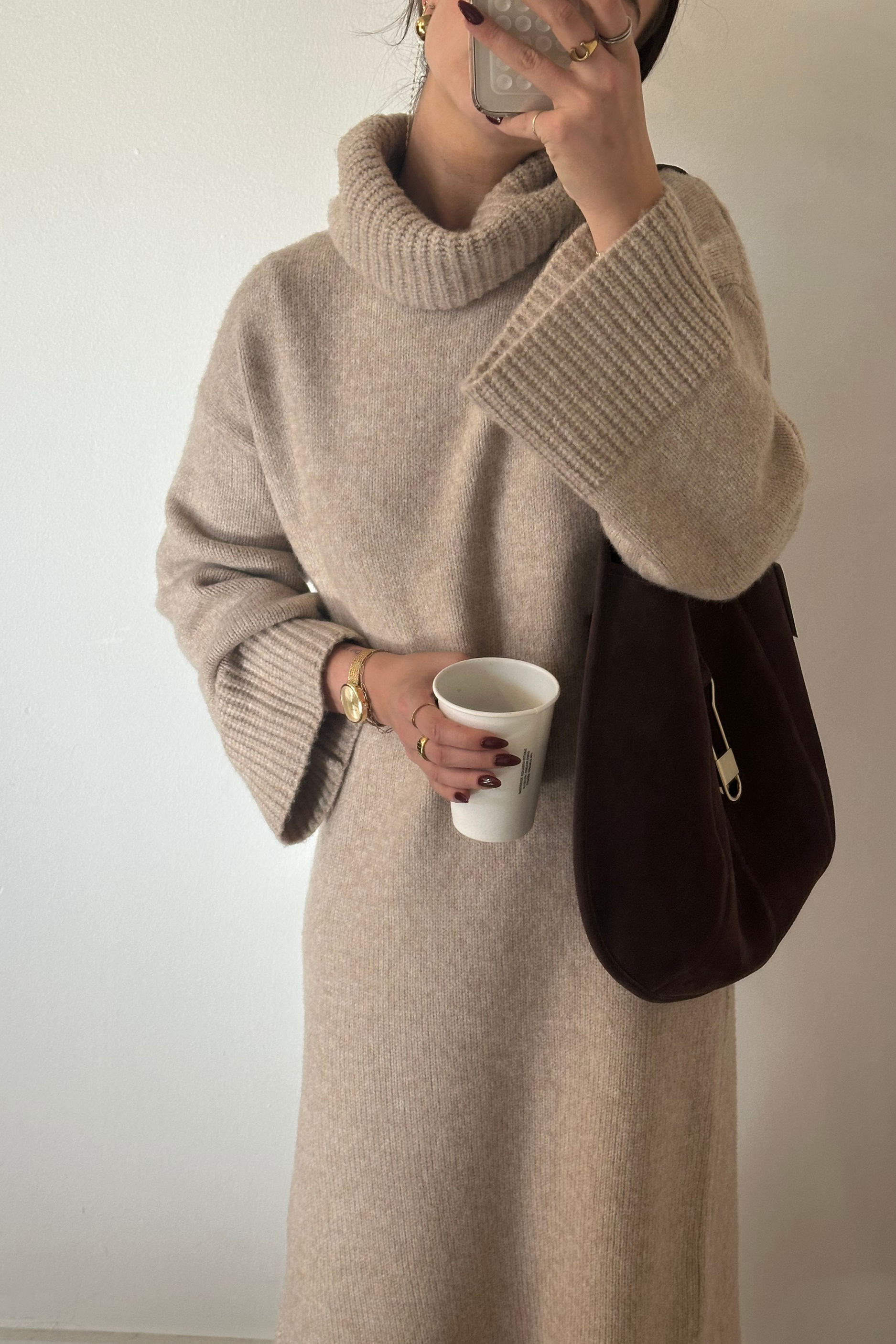 Cowl Neck Midi Sweater Dress - Sand