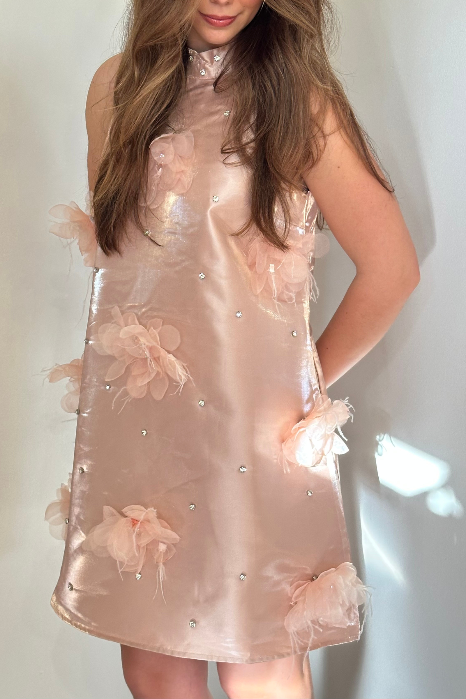 Satin Rhinestone Floral Mini Dress - Pink