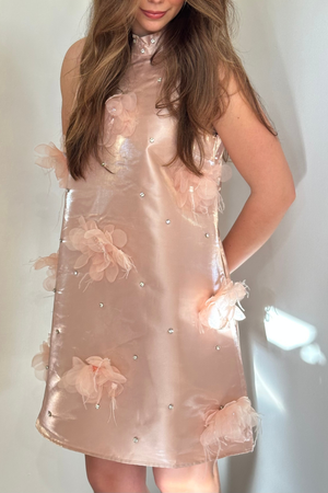 Satin Rhinestone Floral Mini Dress - Pink