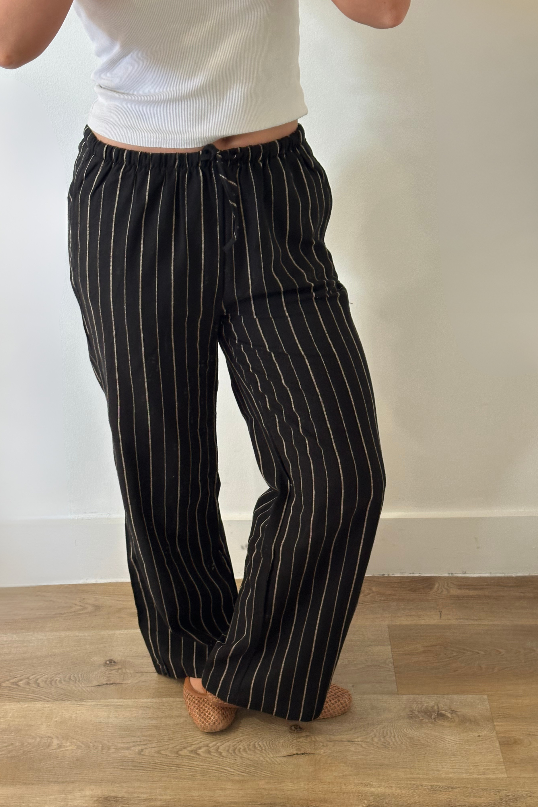 Striped Linen Wide Leg Pants - Black