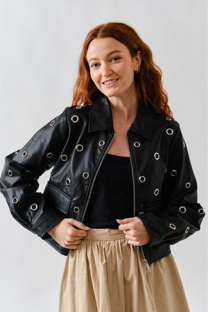 Grommet Faux Leather Jacket - Black