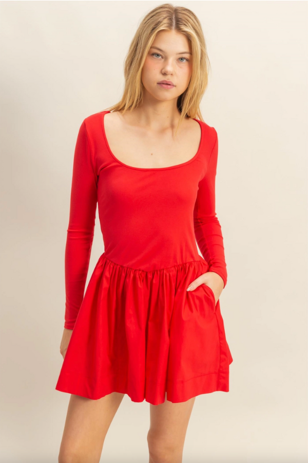 Mixed Media Scoop Neck Mini Dress - Red