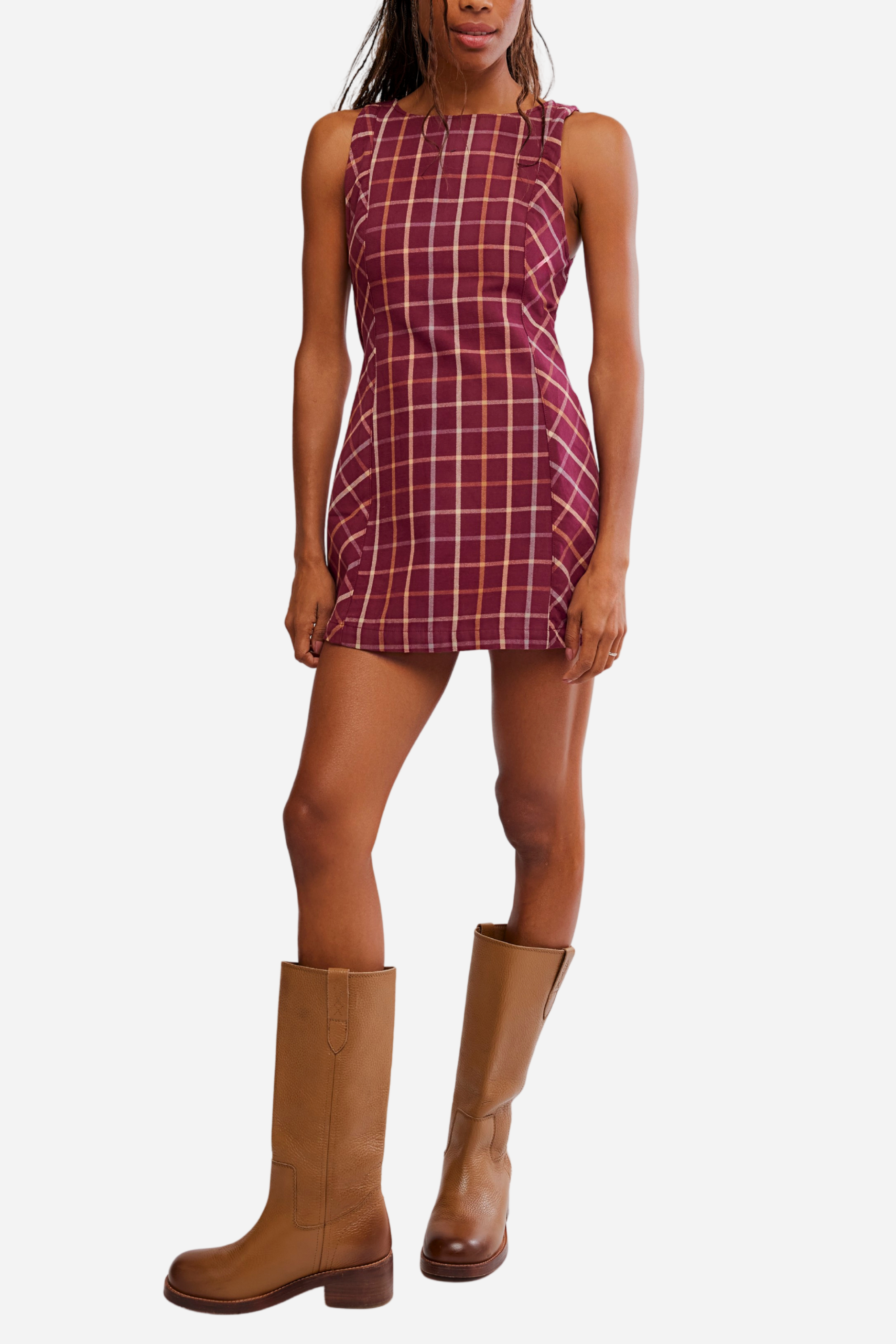 Free People Atlas Plaid Mini Dress - Cocoa Plum
