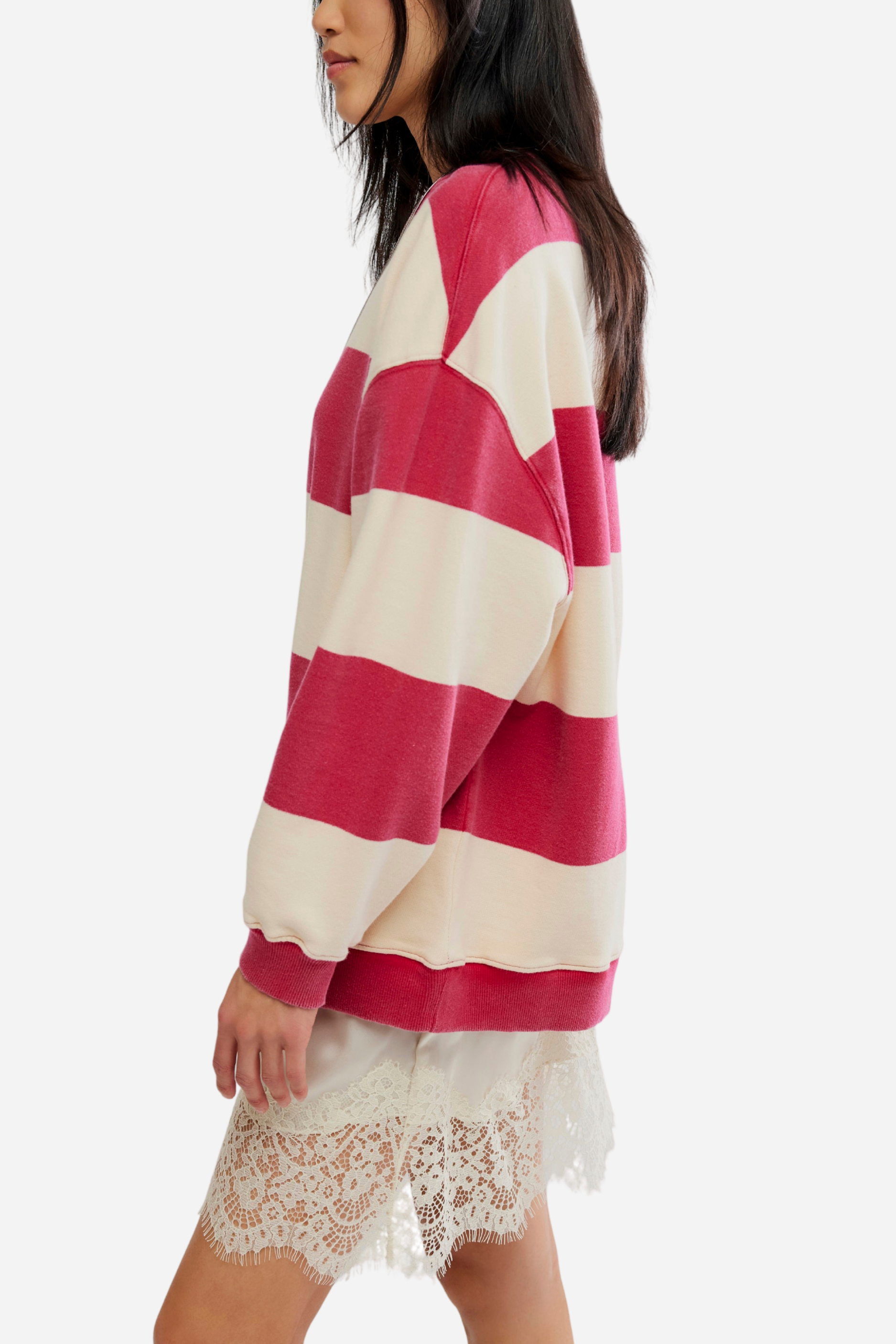 Free People - Classic Striped Oversized Crewneck - Cherry Combo