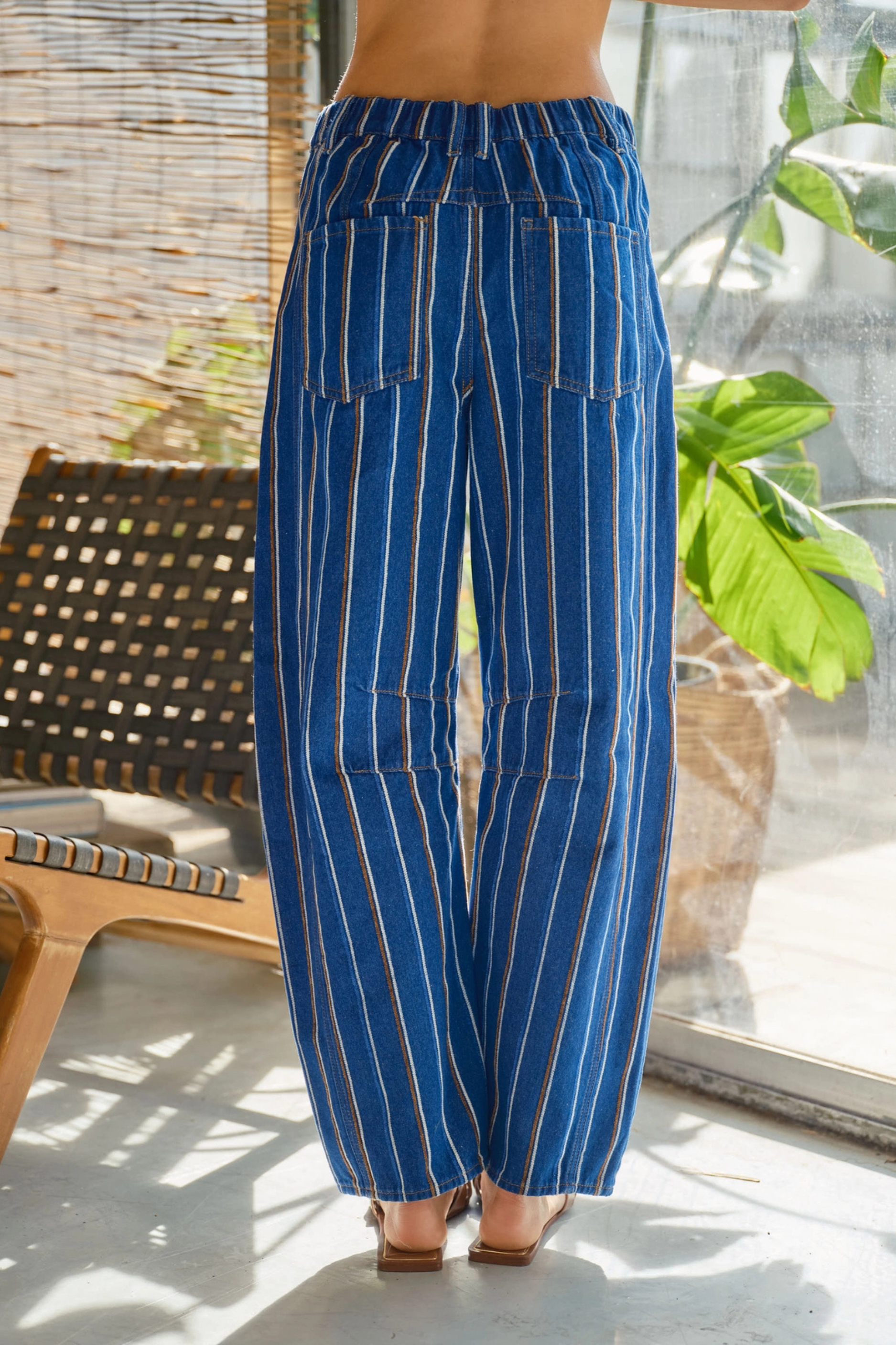 Striped Denim Barrel Pants - Blue