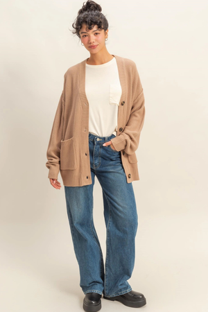 Button-Front Oversized Cardigan - Dark Taupe