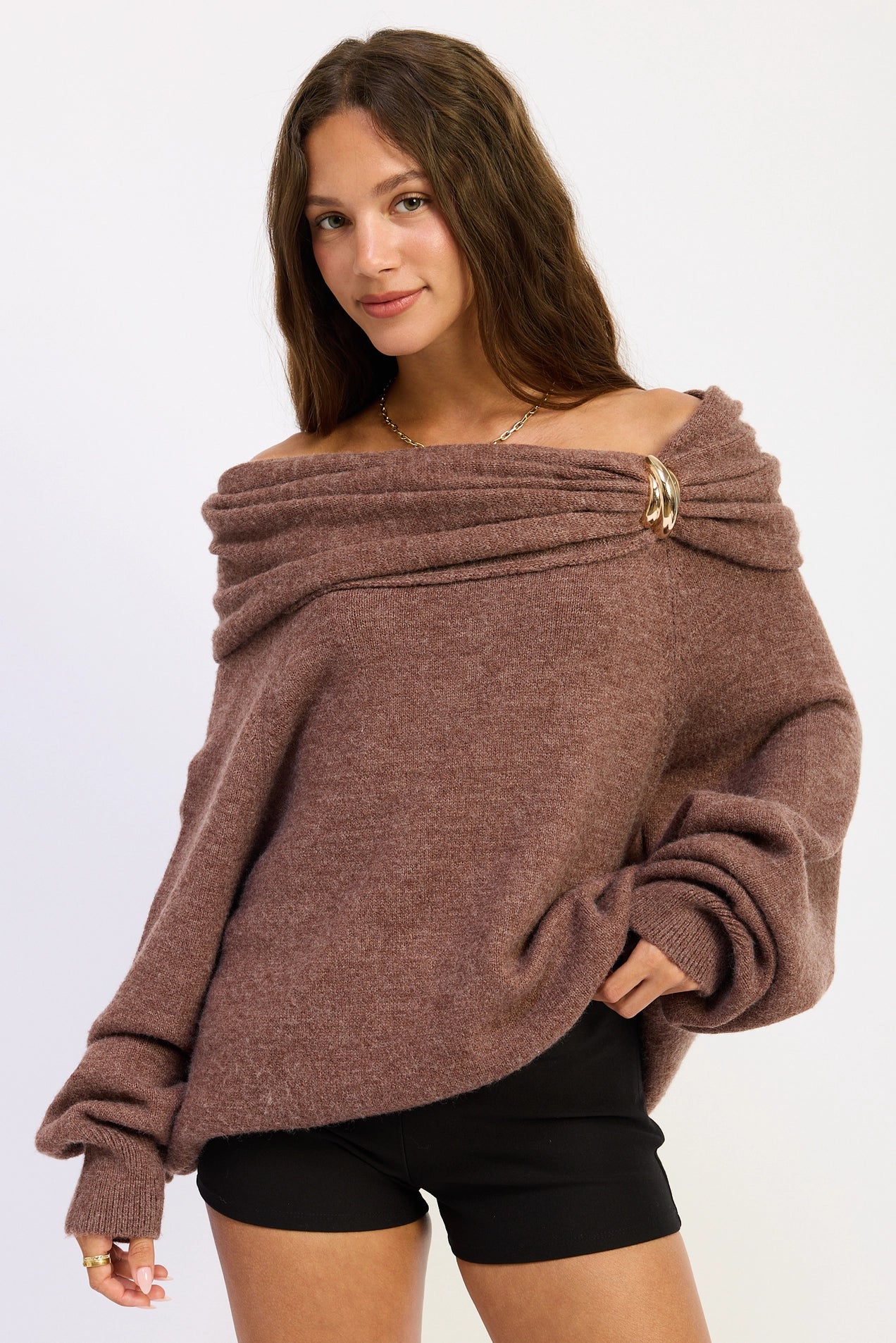 Off Shoulder Bubble Hem Sweater - Chocolate