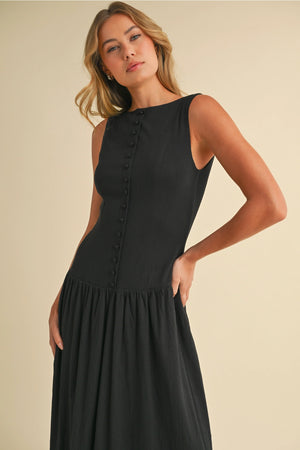 Linen Button Down Maxi Dress - Black