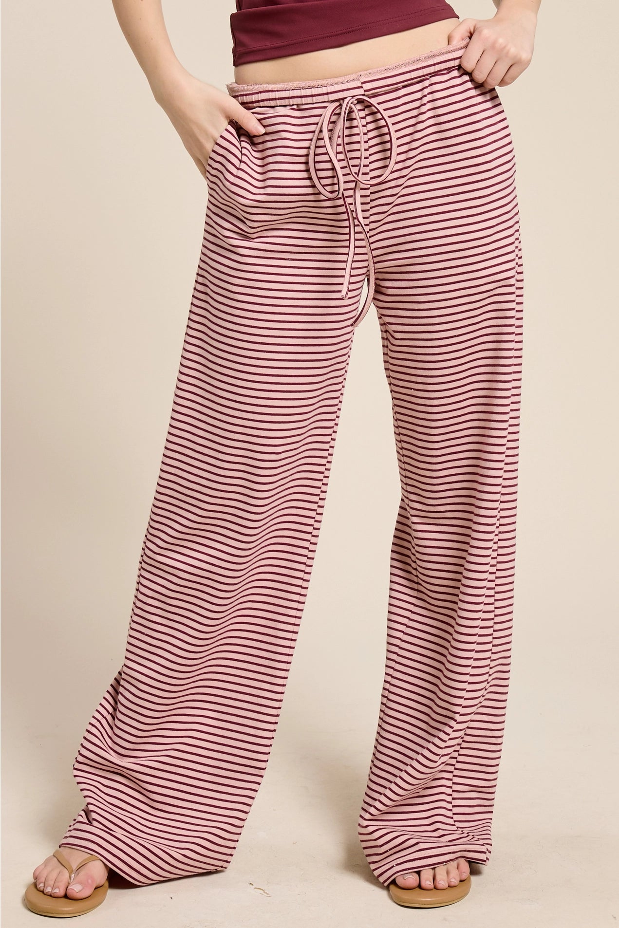 Striped Drawstring Wide Leg Pants - Berry