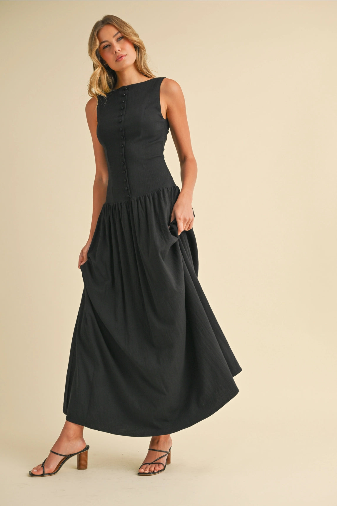 Linen Button Down Maxi Dress - Black