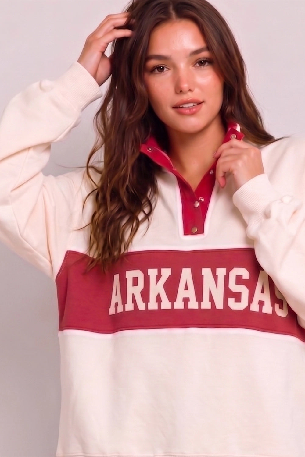 'Arkansas' Varsity Snap Sport Pullover - Cream
