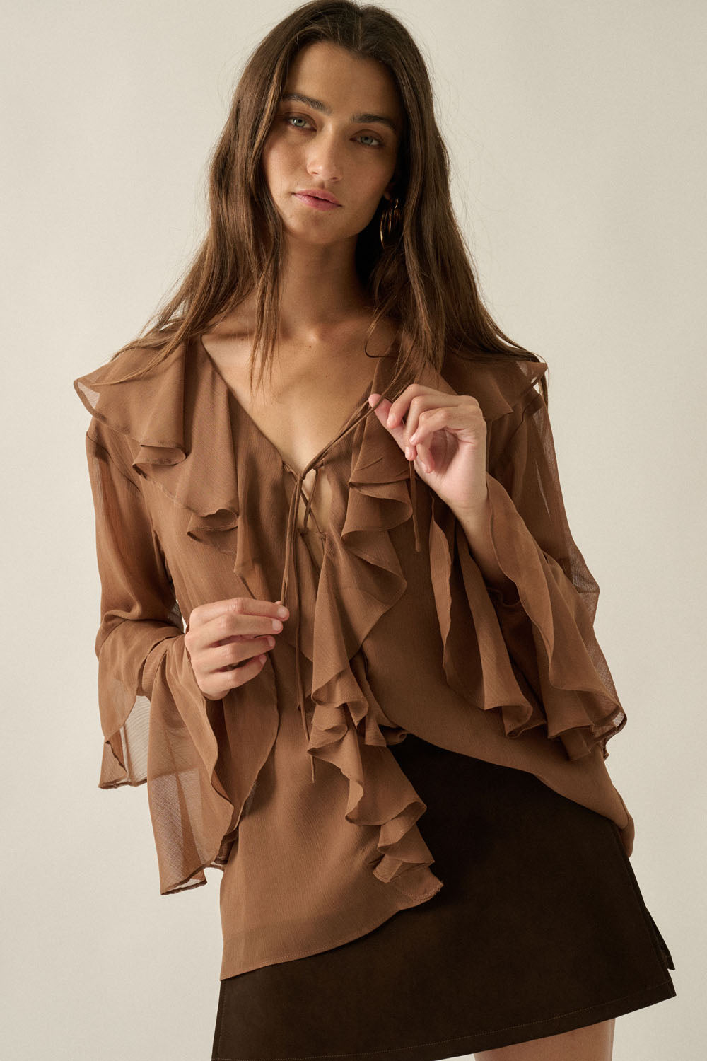 Sheer Chiffon Ruffled Blouse - Brown