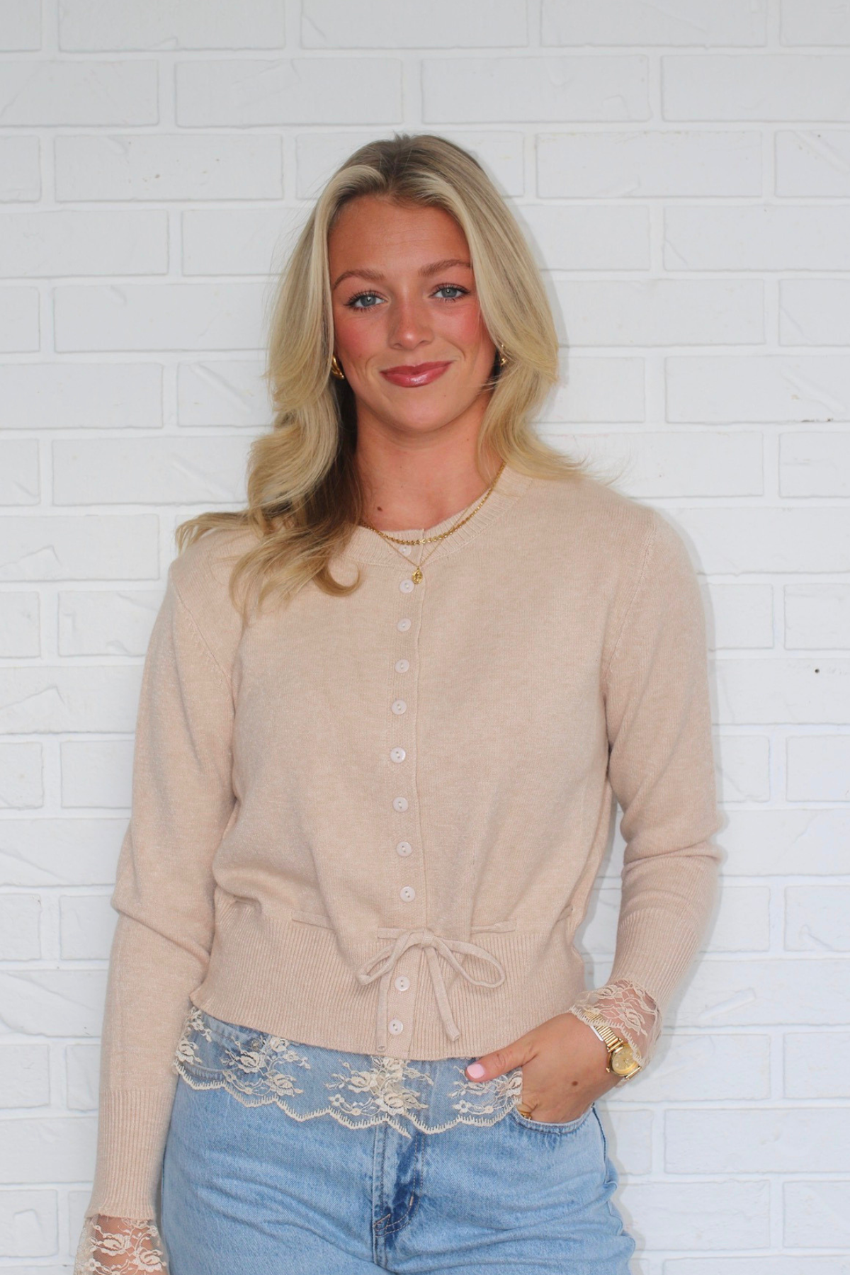 Funkadelic Lace Trim Cardigan - Greige