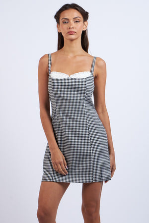 Checkered Lace Mini Dress - Black