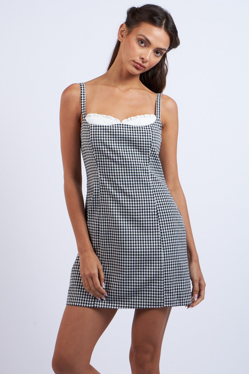 Checkered Lace Mini Dress - Black