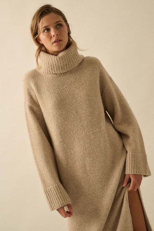 Cowl Neck Midi Sweater Dress - Sand