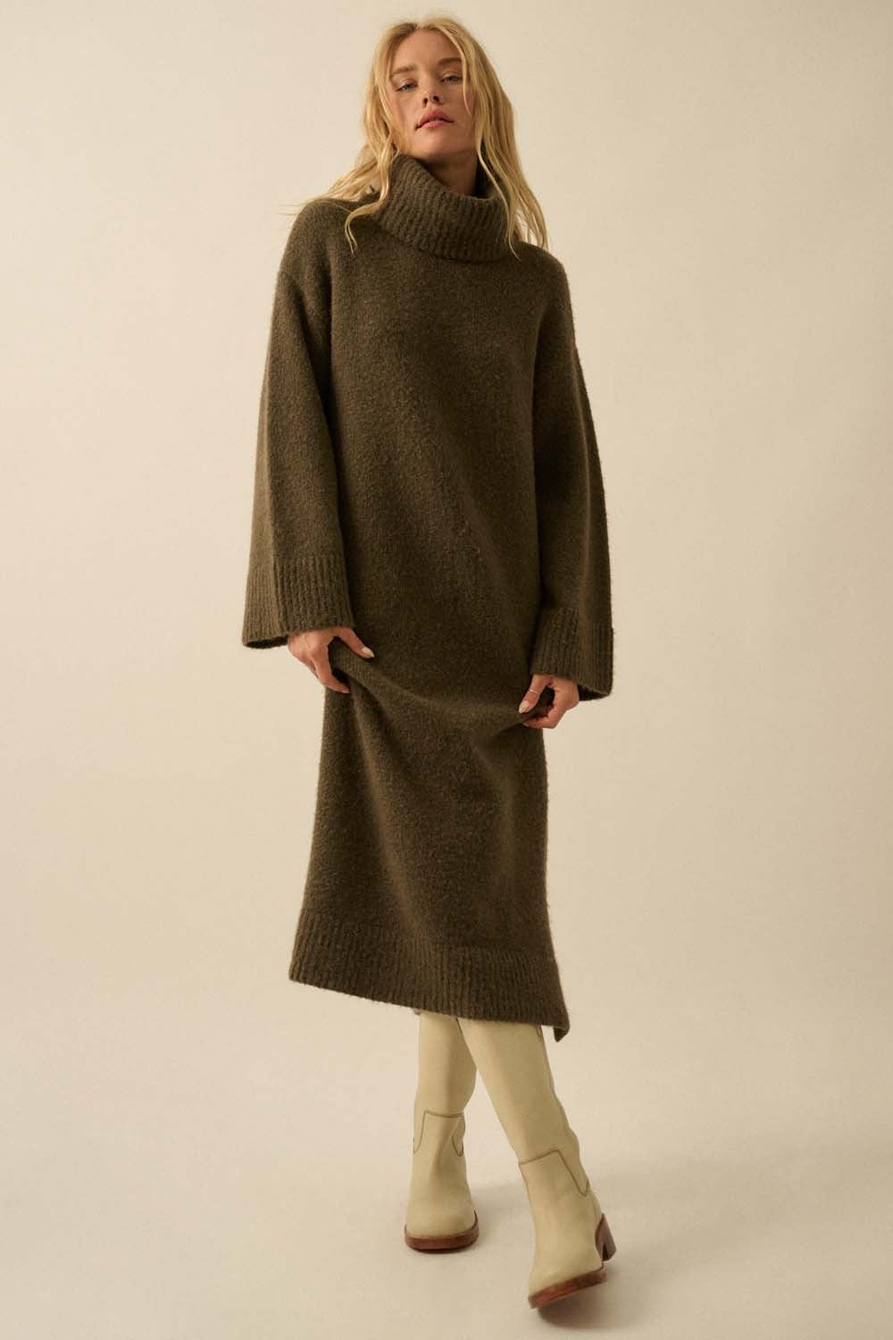Cowl Neck Midi Sweater Dress Olive Maude - Main Image