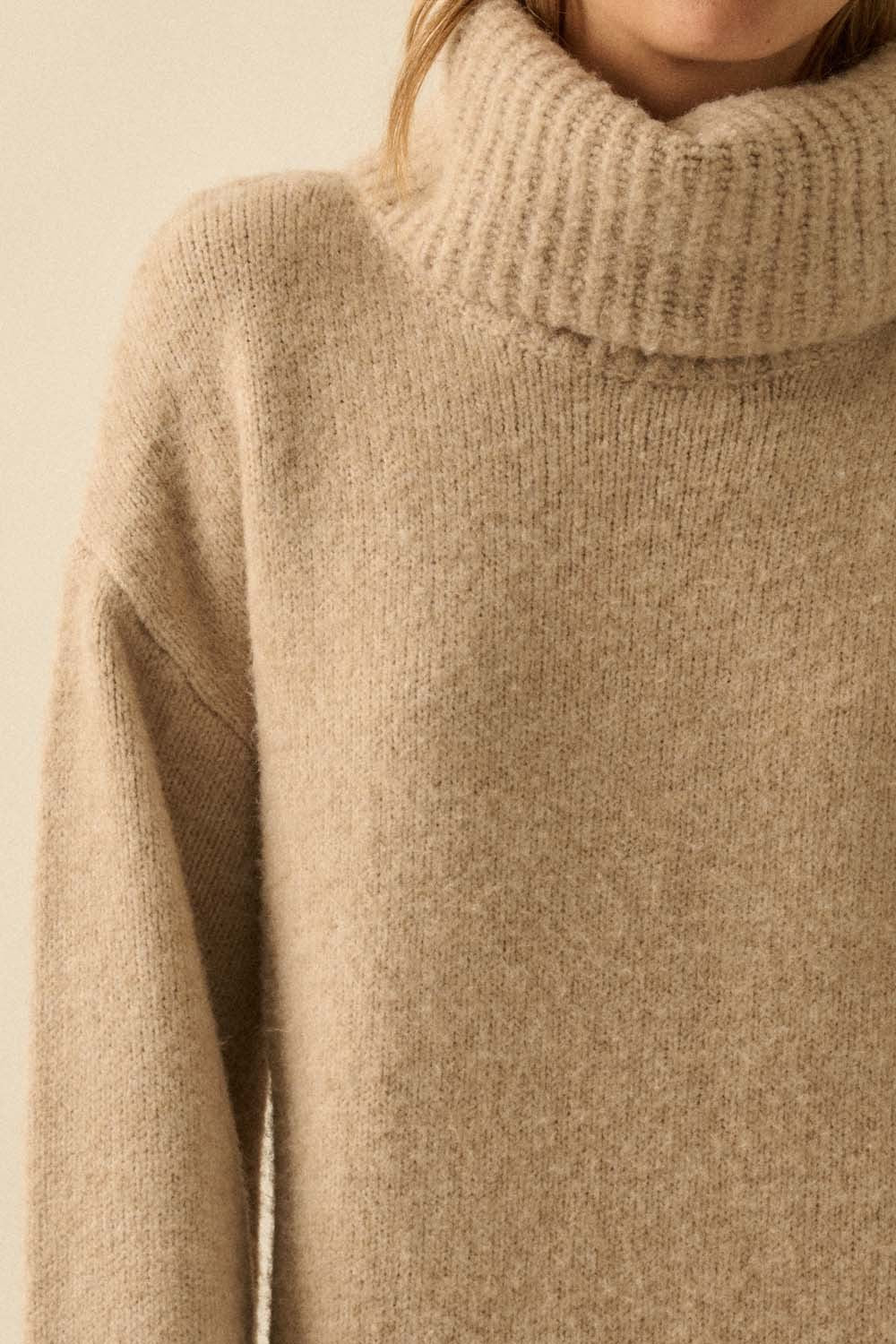 Cowl Neck Midi Sweater Dress - Sand