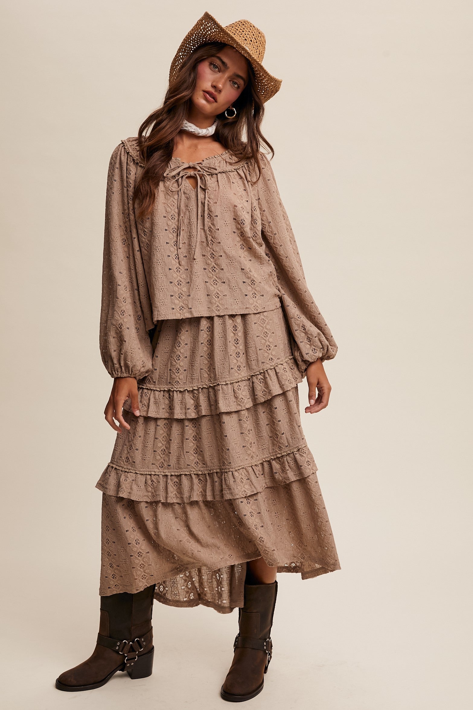 Lace Tiered Maxi Skirt Set - Taupe