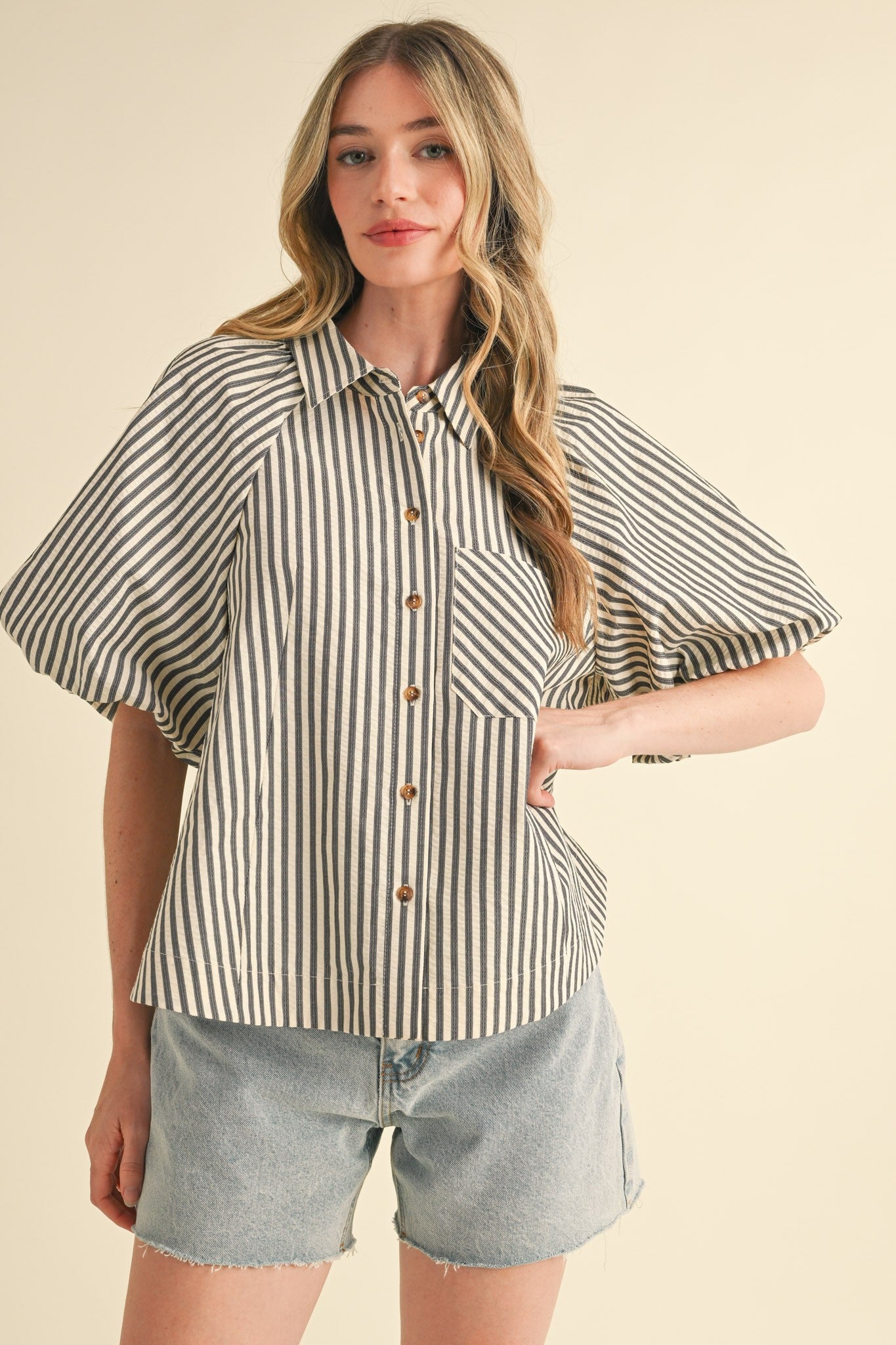 Striped Bubble Button Down Top