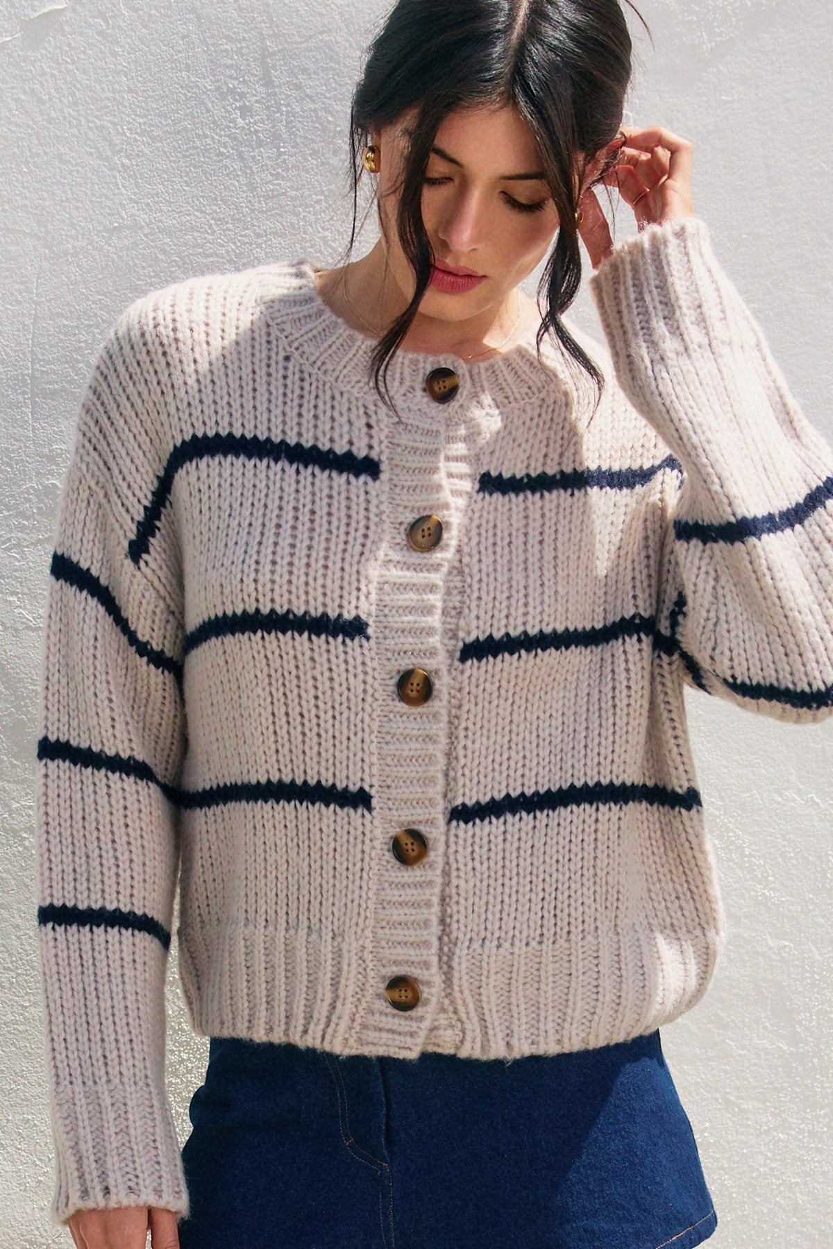 Striped Button Down Cardigan - Seashell