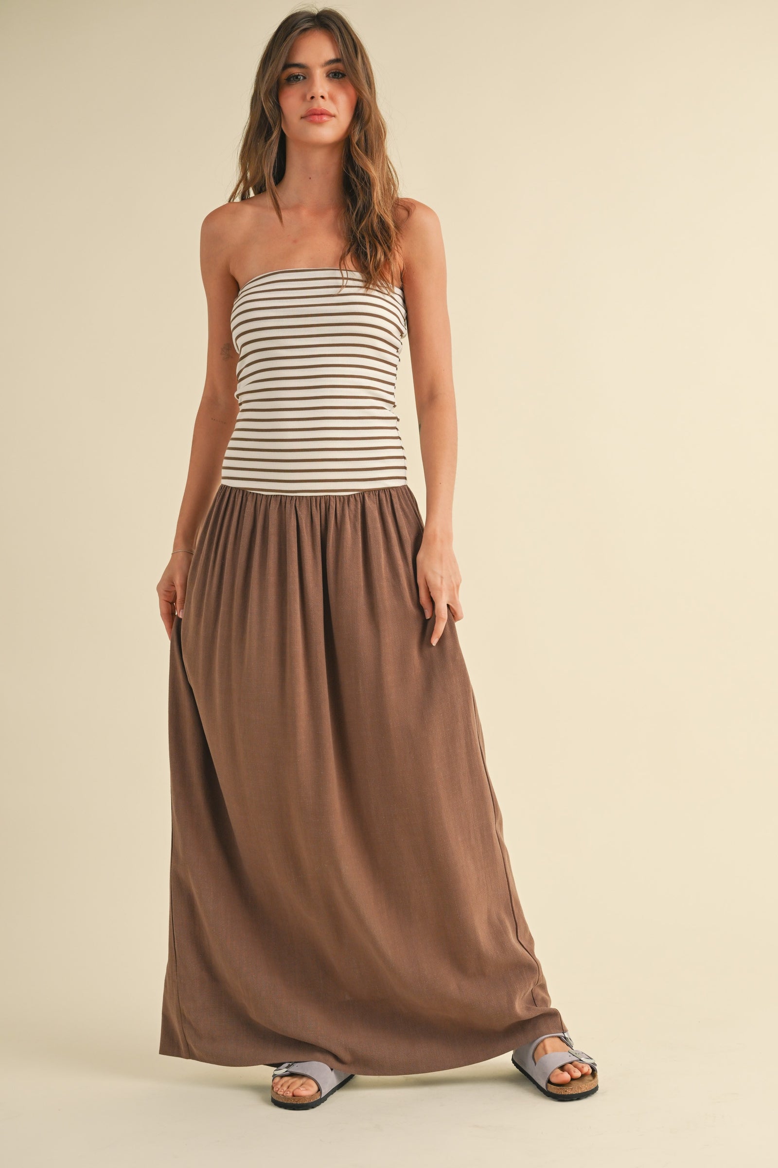 Molly Striped Linen Maxi Dress - Mocha