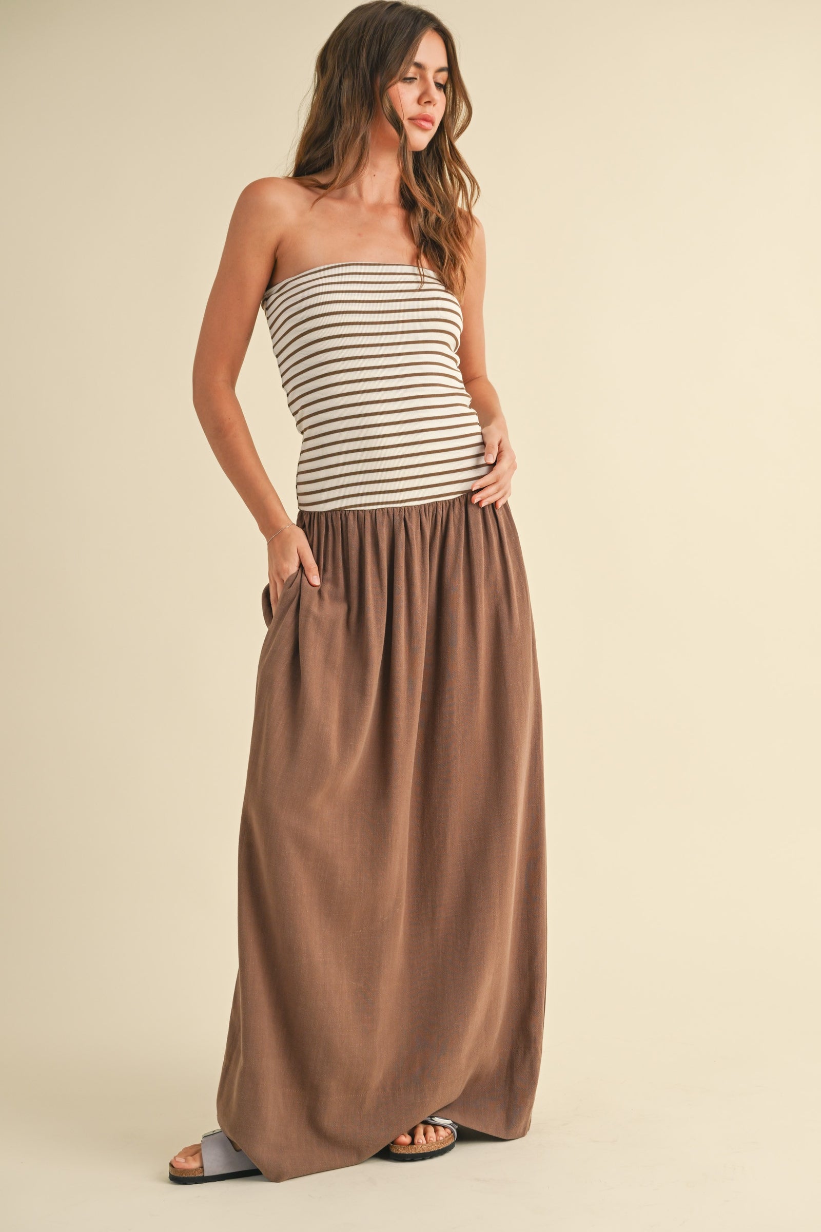 Molly Striped Linen Maxi Dress - Mocha
