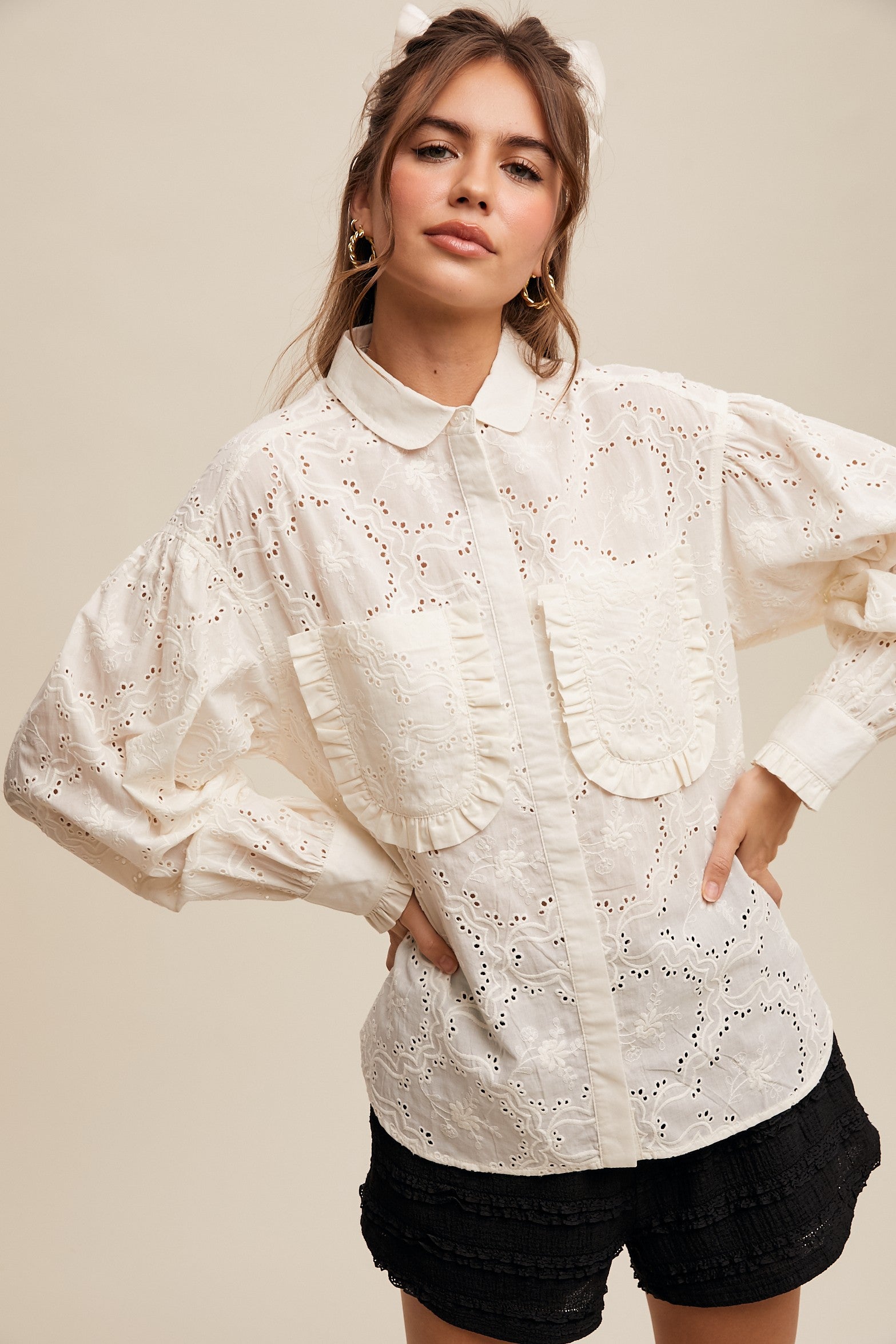 Eyelet Ruffle Button-Up Blouse