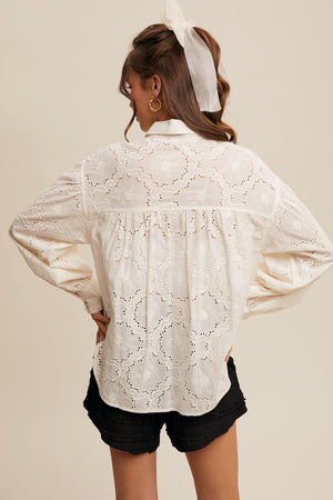 Eyelet Ruffle Button-Up Blouse