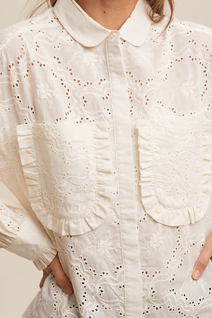 Eyelet Ruffle Button-Up Blouse