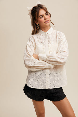 Eyelet Ruffle Button-Up Blouse