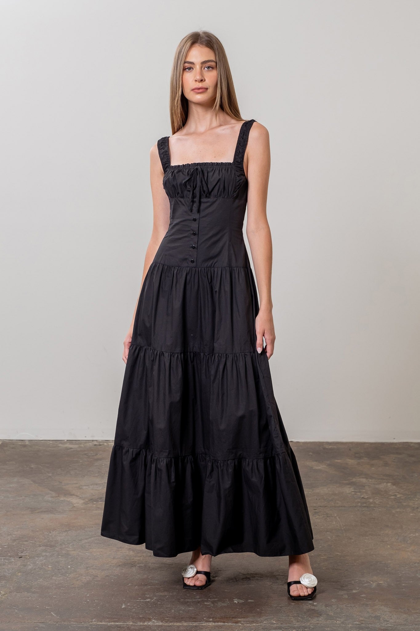 Corset Tiered Maxi Dress - Black