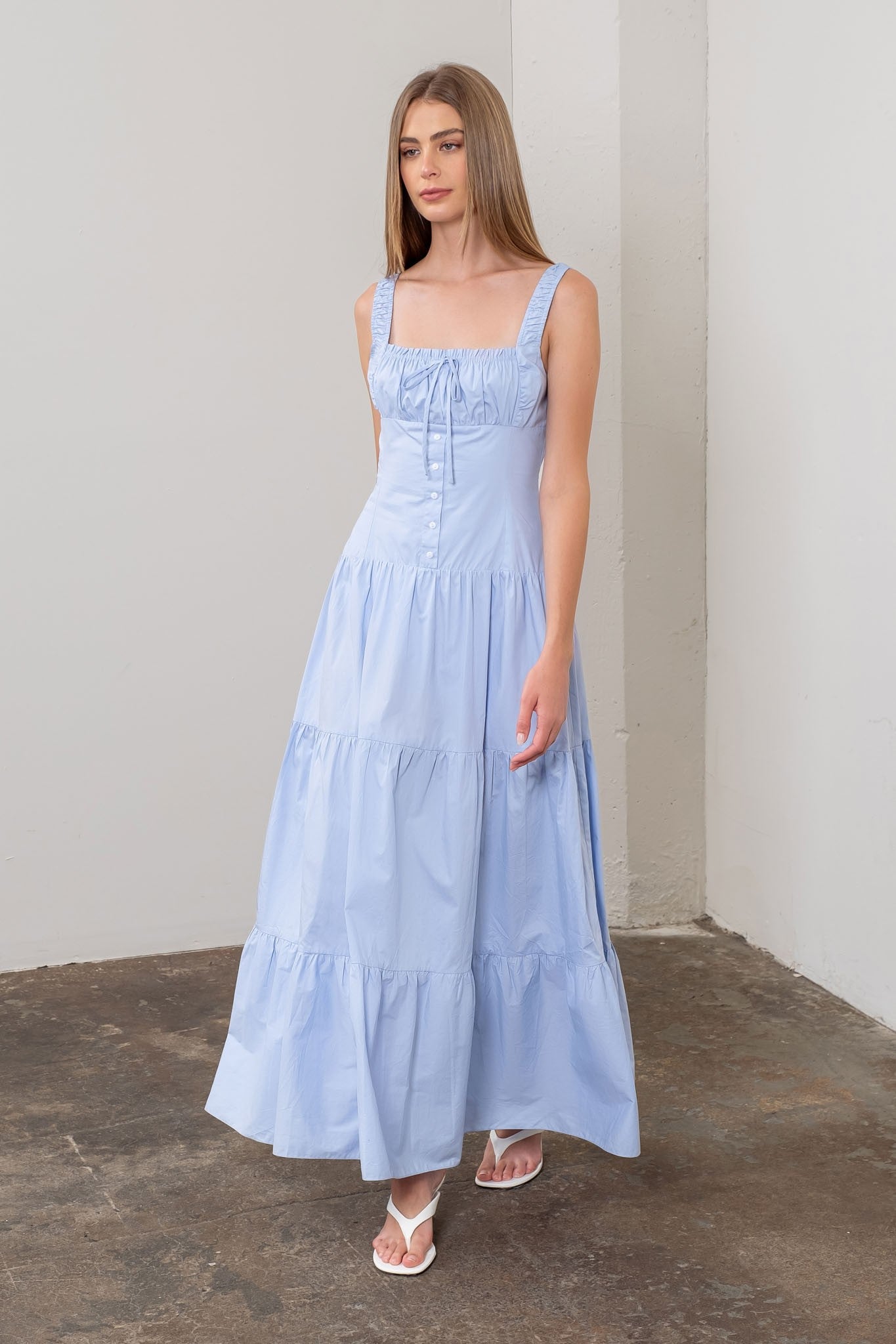 Corset Tiered Maxi Dress - Light Blue