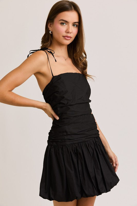 Tie Shoulder Bubble Hem Mini Dress - Black