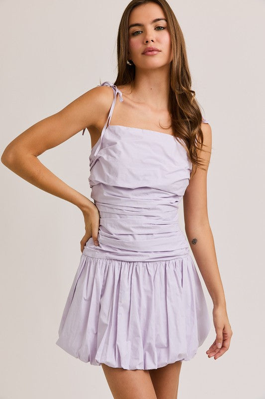 Tie Shoulder Bubble Hem Mini Dress - Lavender
