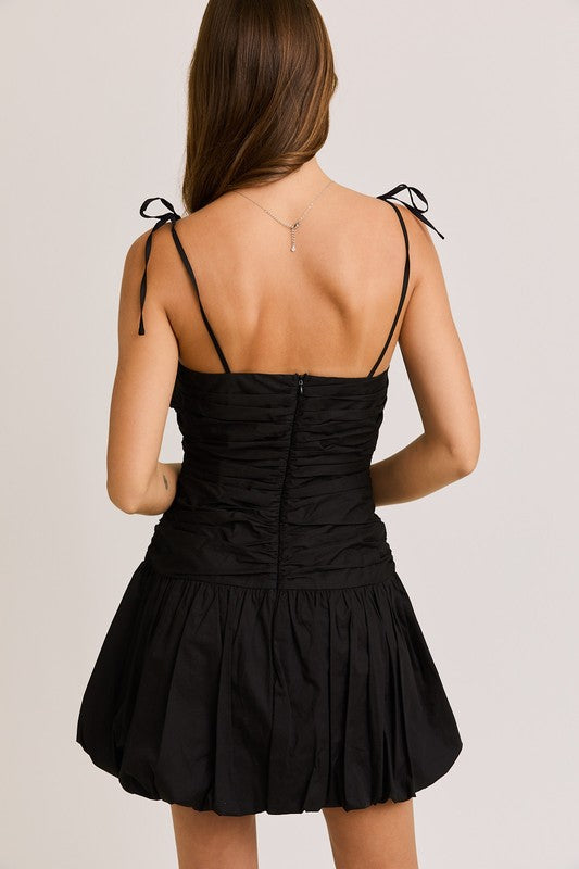 Tie Shoulder Bubble Hem Mini Dress - Black