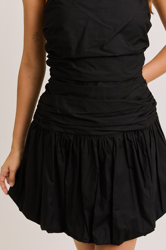 Tie Shoulder Bubble Hem Mini Dress - Black