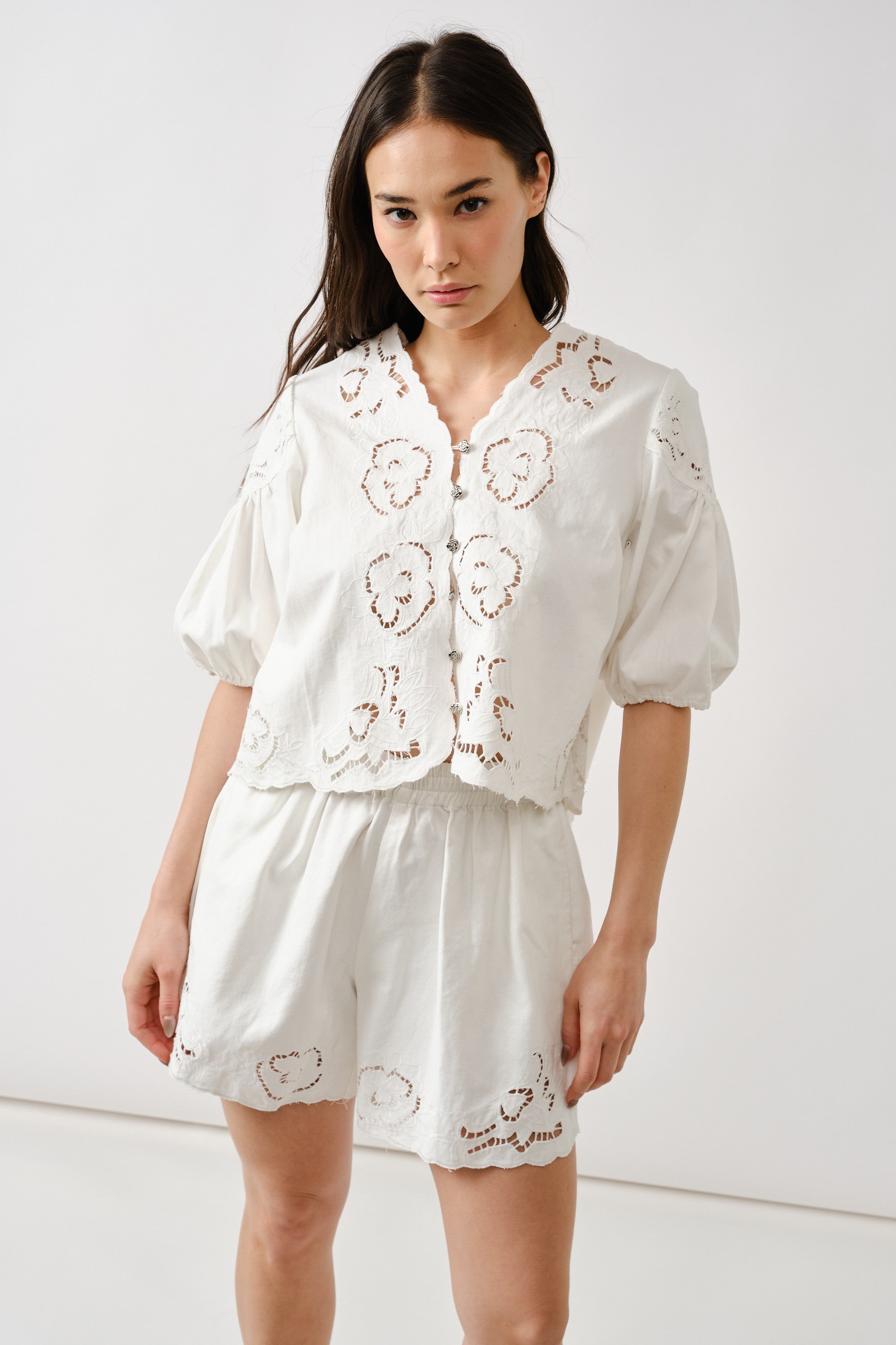 Denim Embroidered Set - White
