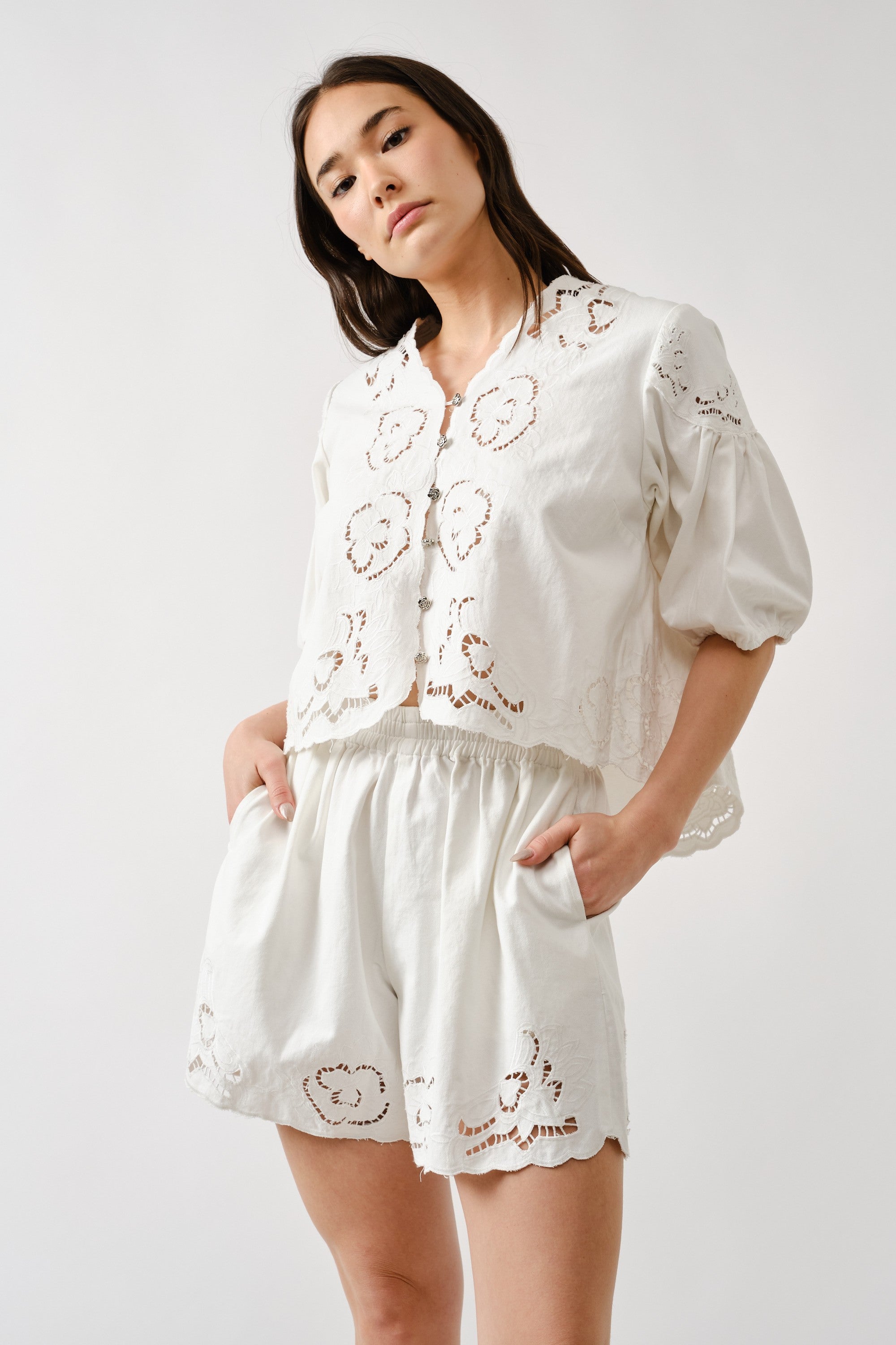 Denim Embroidered Set - White